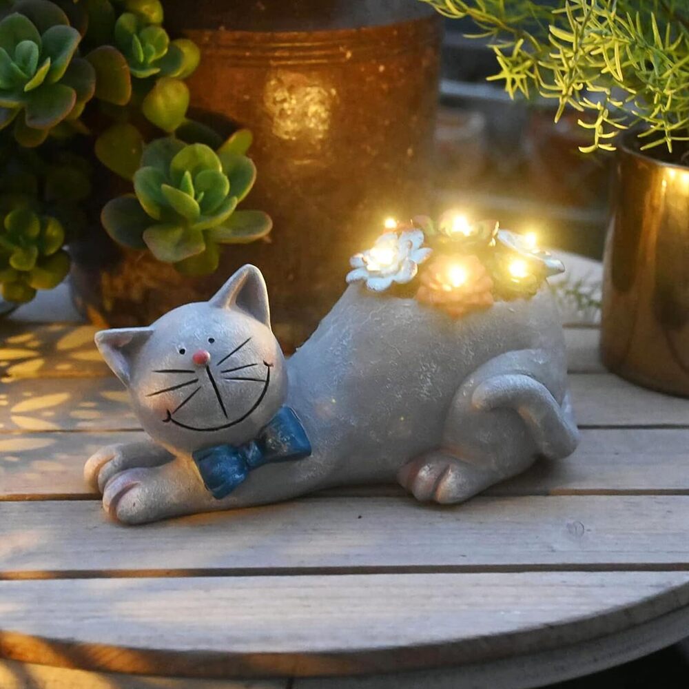 9655 Cat Garden Figurines Outdoor Decor Solar Statue with LED Lights